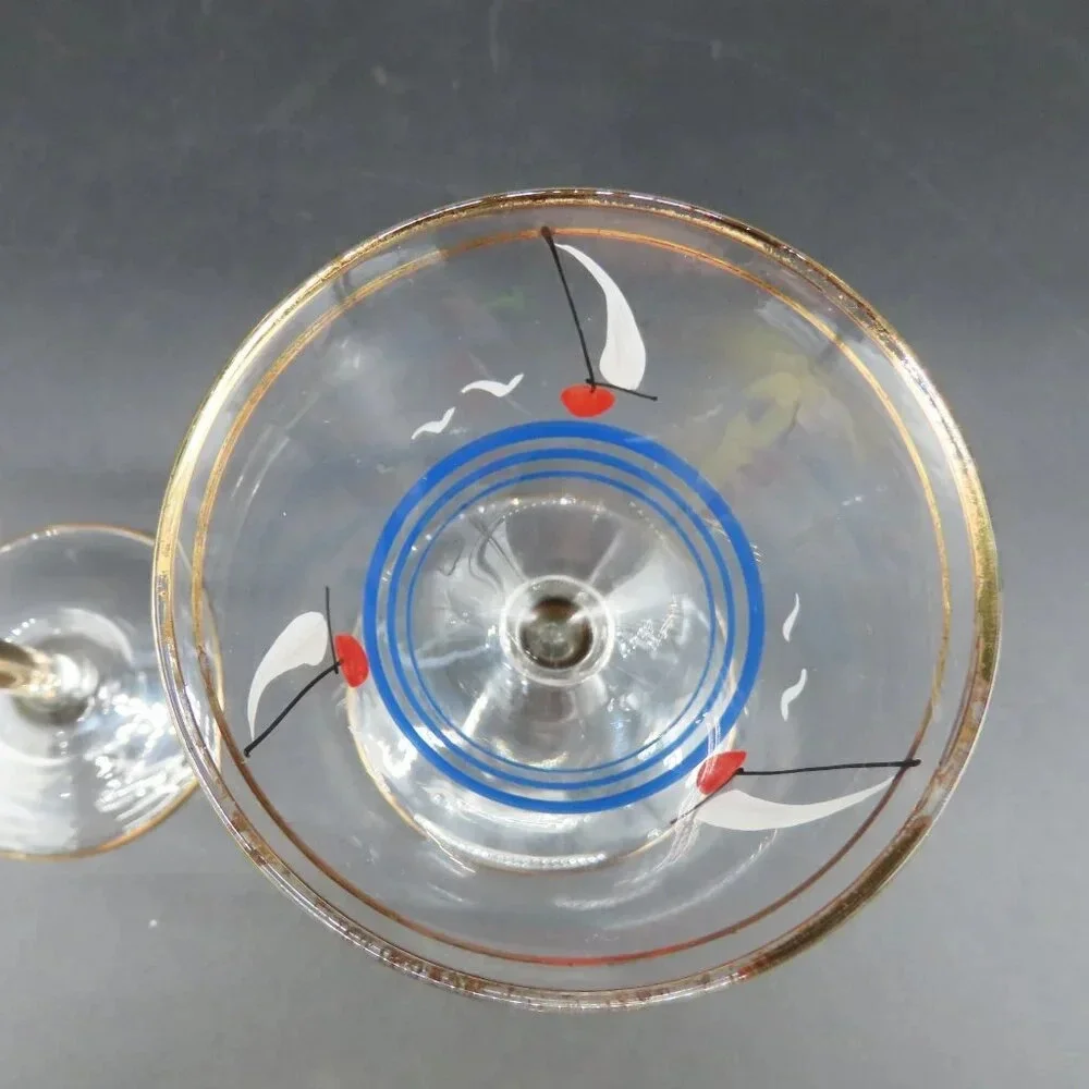 Hand painted Vintage Glass Martini Cocktail Set Italian Sailboats Gold Trim